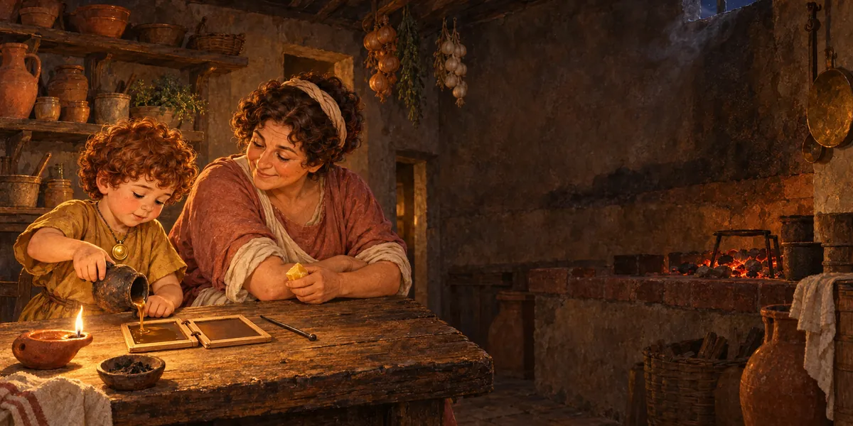 W kuchni przy lampce Marek ostrożnie leje ciemny wosk w drewnianą ramkę, a kucharka Kornelia przytrzymuje deseczkę.